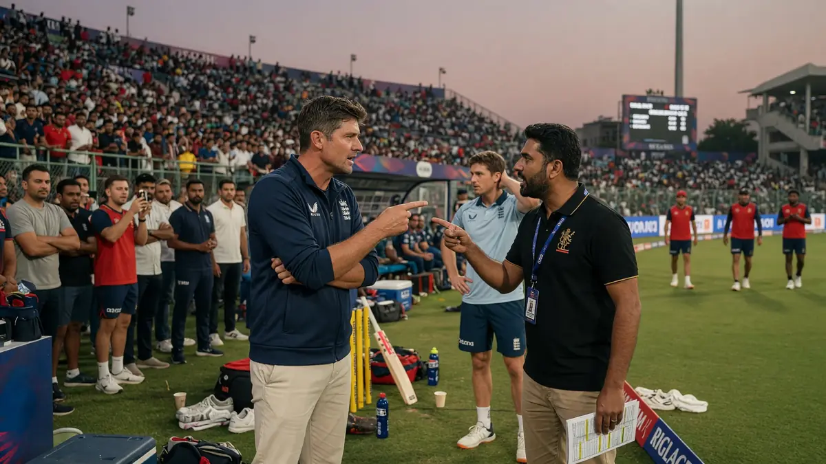 Boundary-side debate during a night cricket match