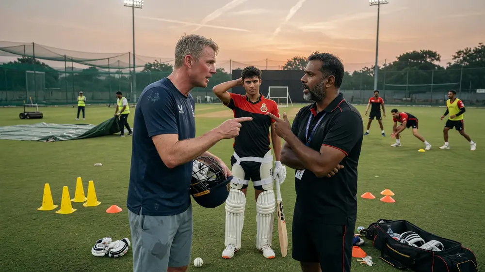 Coaches debate beside a fielding diagram whiteboard and a notebook labeled Jacob B during a dusk training session with red balls on the grass